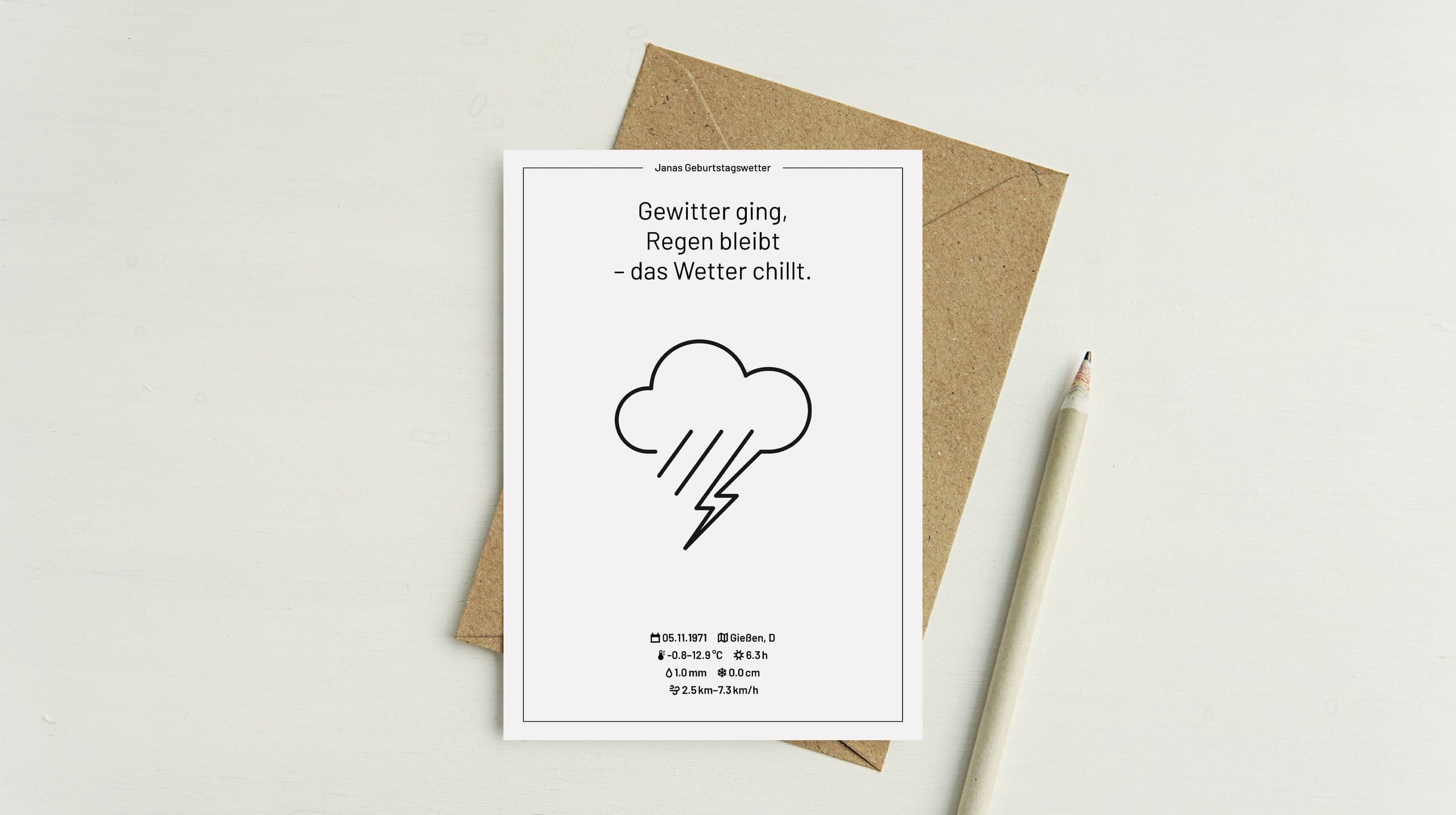 Product mood shot of a card with a linear illustration of a thundercloud