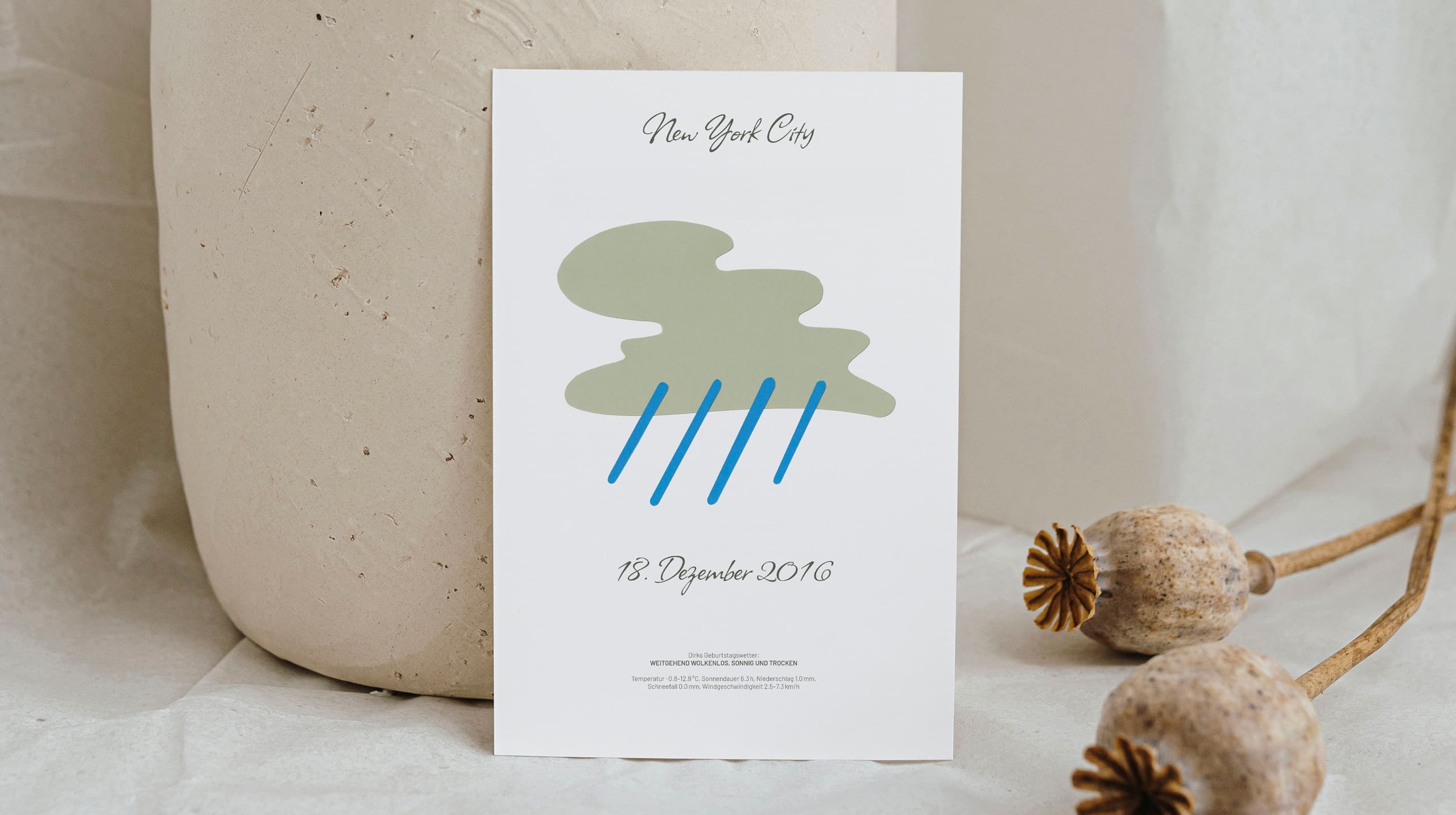Product mood shot of a card with a collaged rain cloud