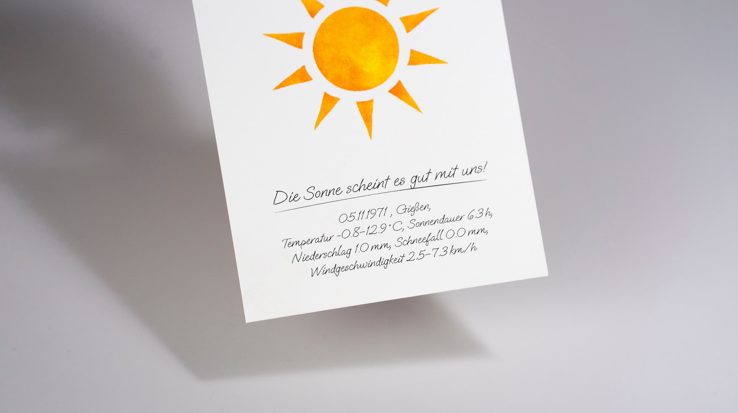 Product mood shot of a card with a watercolour sun